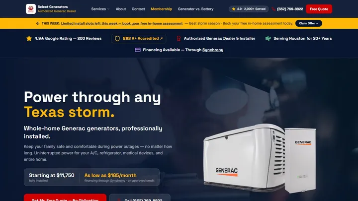 Select Generators website homepage